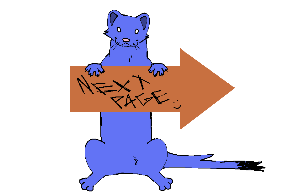 a blue weasel holding an orange arrow with NEXT PAGE written on it